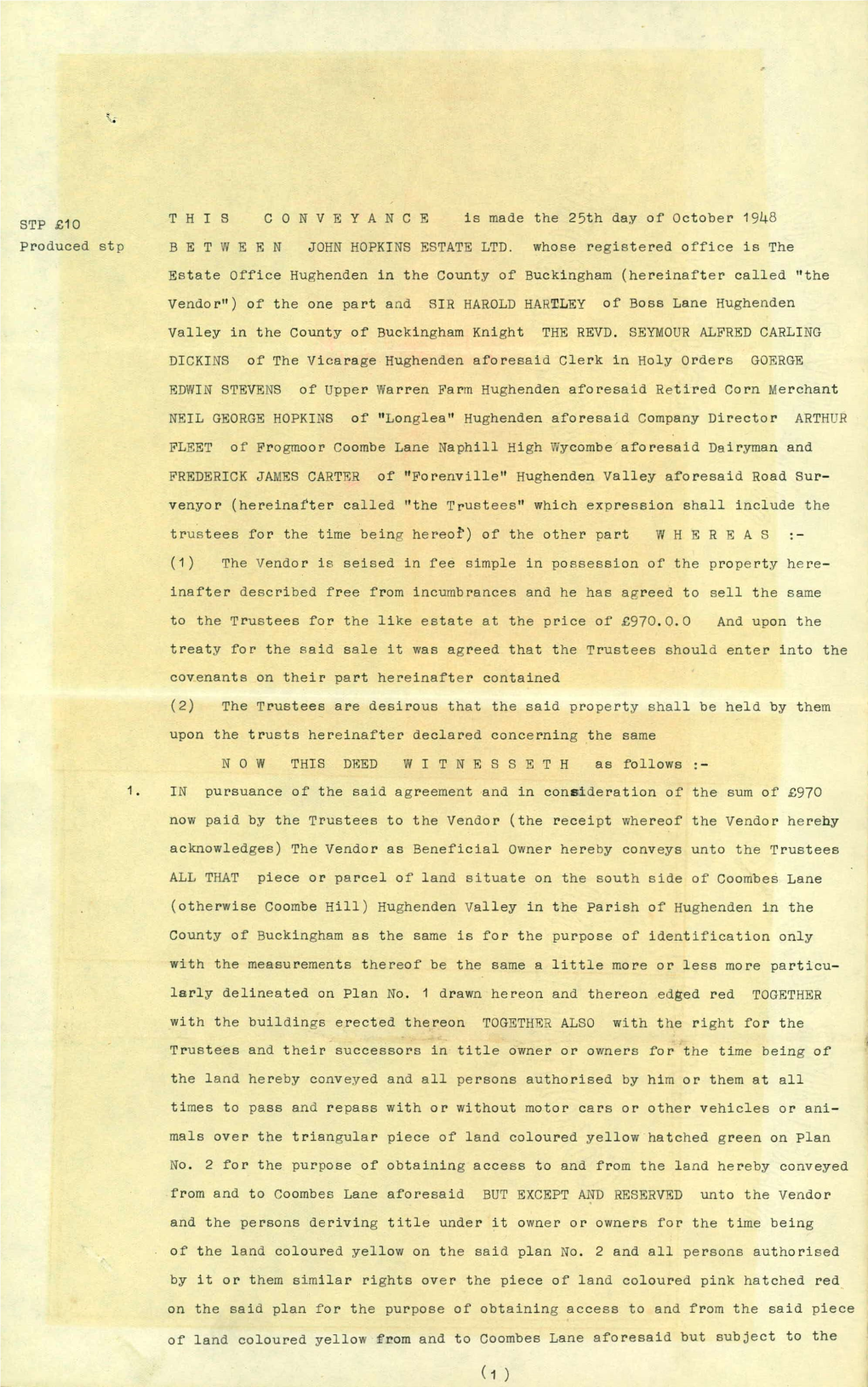 G^P T H I S C O N V K Y a N C E Is Made the 25Th Day of October 19U8 Produced Stp B E T W E E N JOHN HOPKINS ESTATE LTD. Whose R