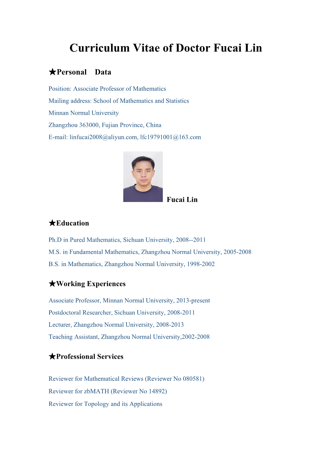 Curriculum Vitae of Doctor Fucai Lin