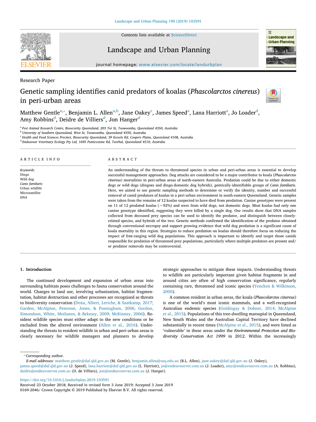 Genetic Sampling Identifies Canid Predators of Koalas (Phascolarctos