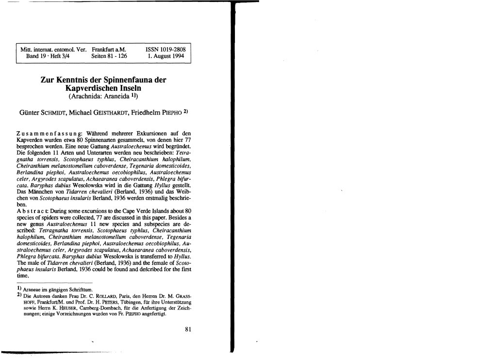 Zur Kenntnis Der Spinnenfauna Der Kapverdisehen Inseln (Arachnida: Araneida 11)