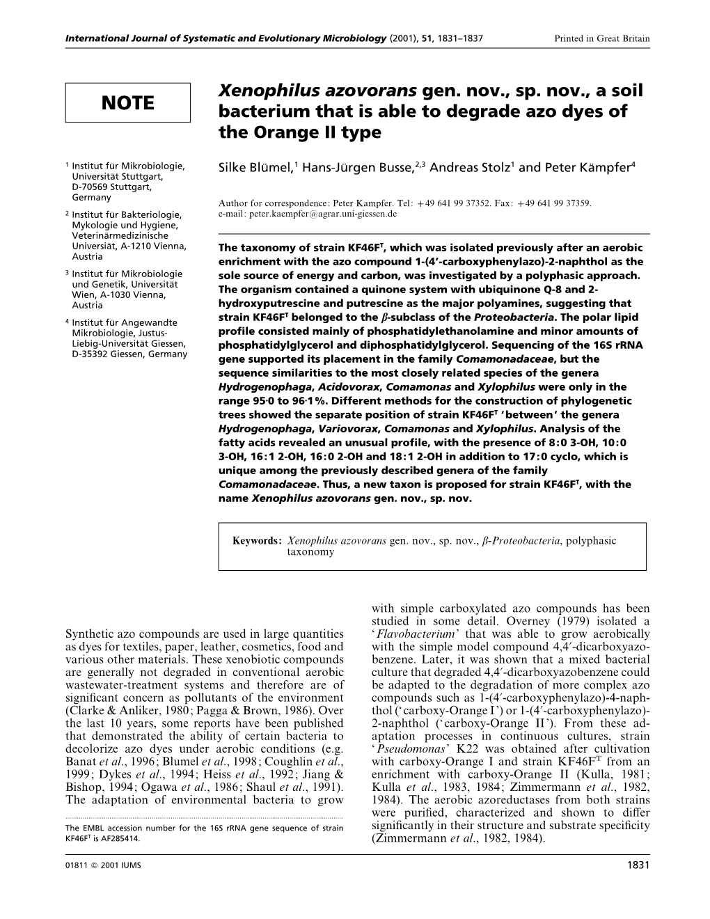 Xenophilus Azovorans Gen. Nov., Sp. Nov., a Soil Bacterium That Is Able To