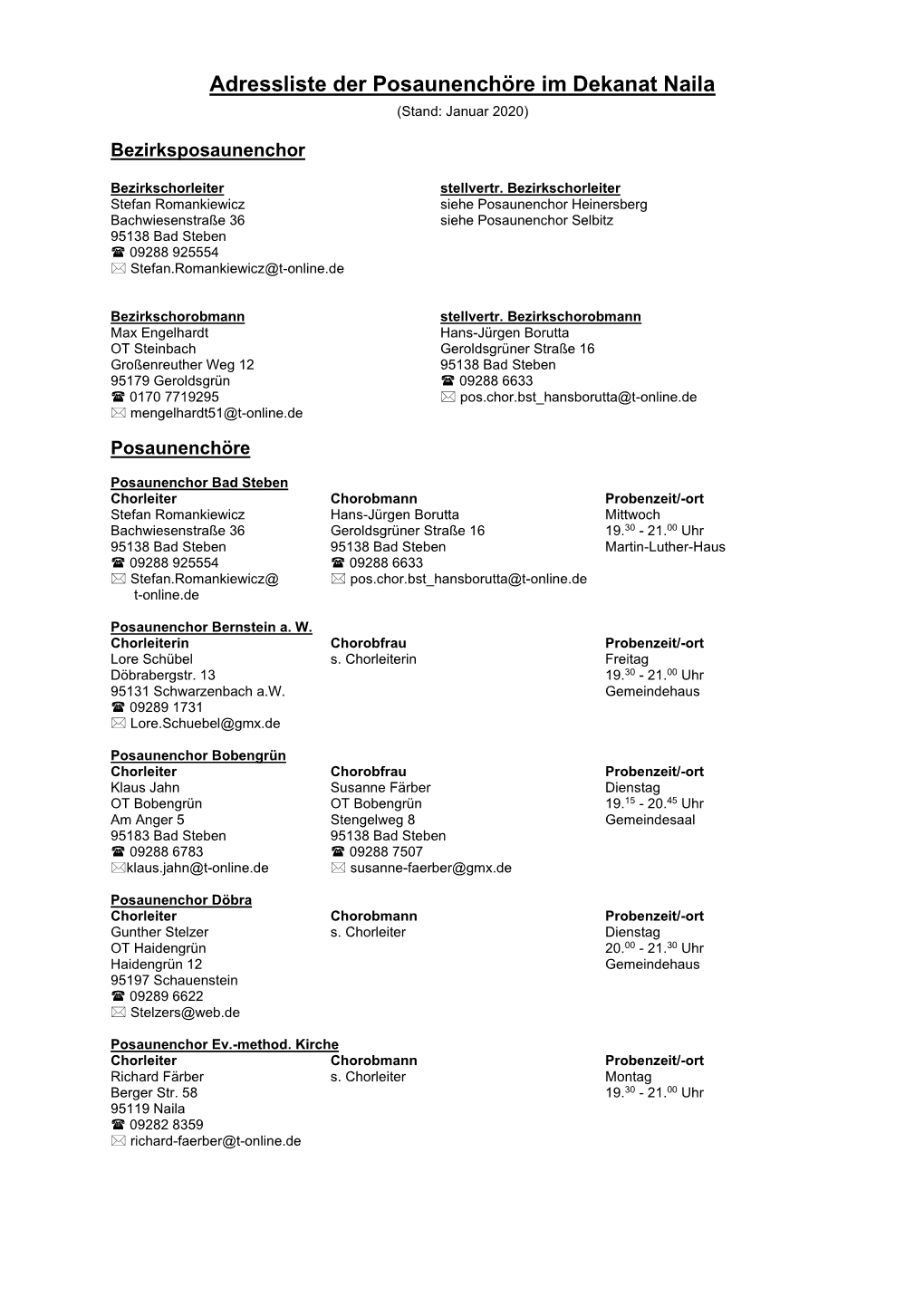 Adressliste Der Posaunenchöre Im Dekanat Naila