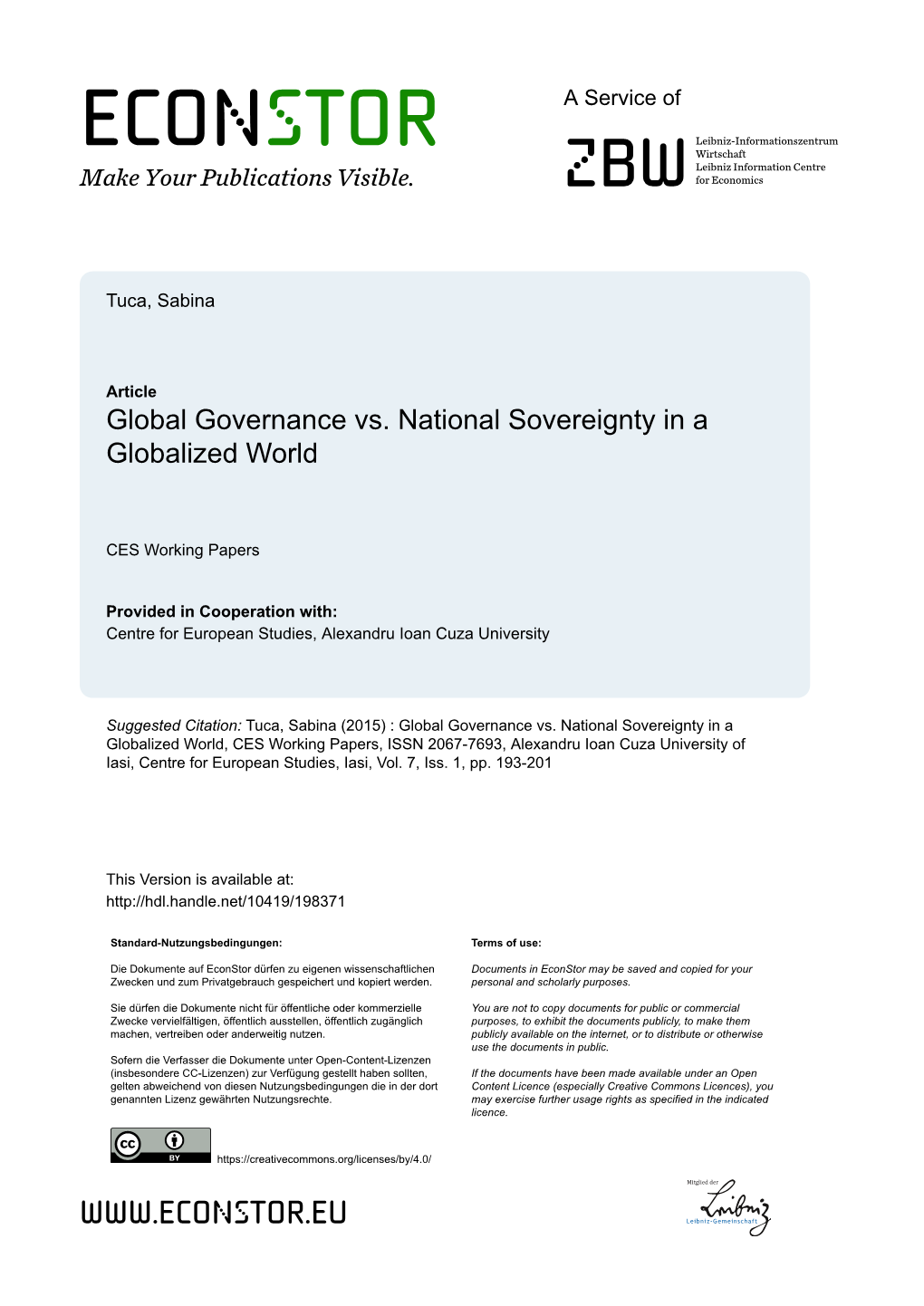 Global Governance Vs. National Sovereignty in a Globalized World