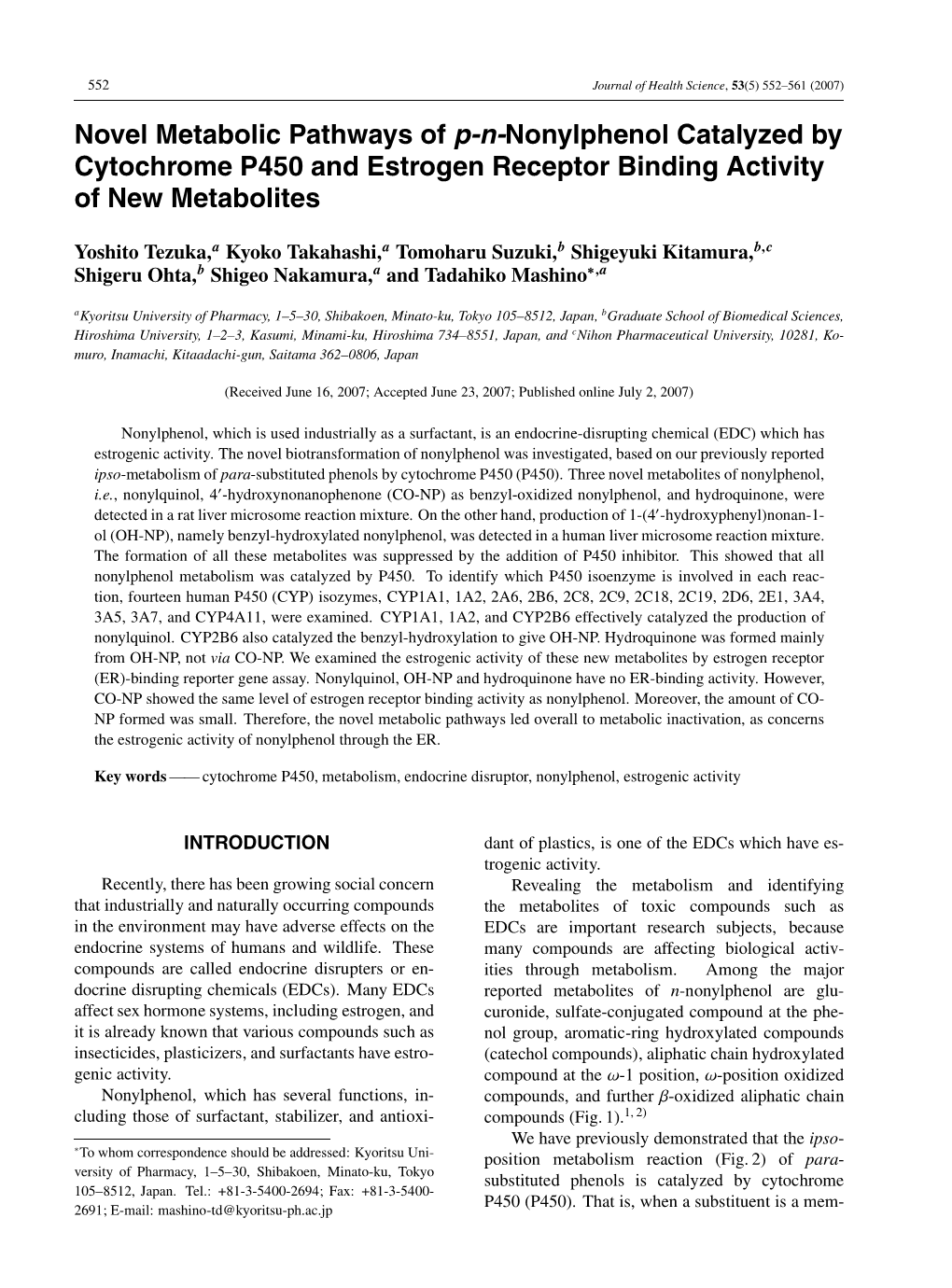 Novel Metabolic Pathways of P-N-Nonylphenol Catalyzed by Cytochrome P450 and Estrogen Receptor Binding Activity of New Metabolites