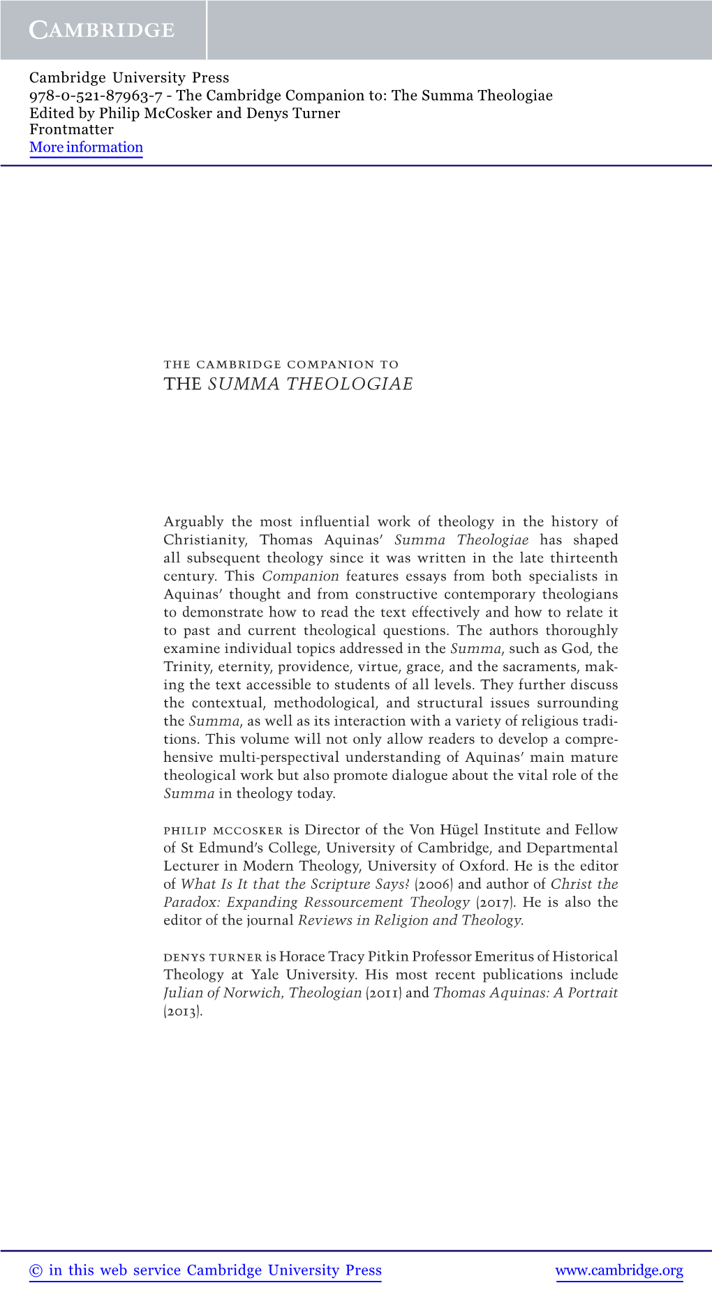 The Summa Theologiae Edited by Philip Mccosker and Denys Turner Frontmatter More Information