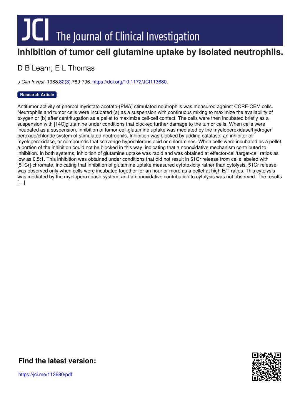 Inhibition of Tumor Cell Glutamine Uptake by Isolated Neutrophils