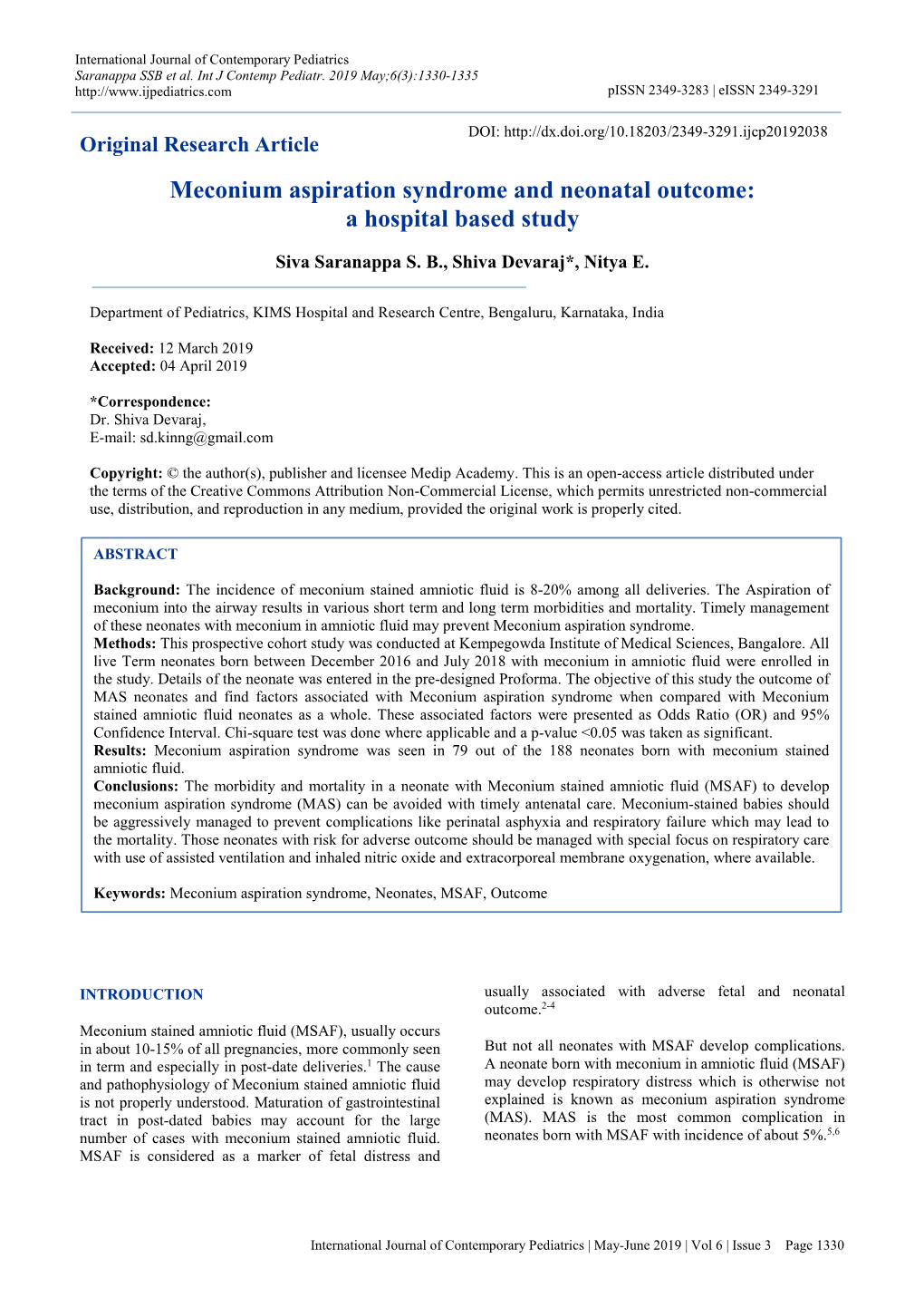 Meconium Aspiration Syndrome and Neonatal Outcome: a Hospital Based Study