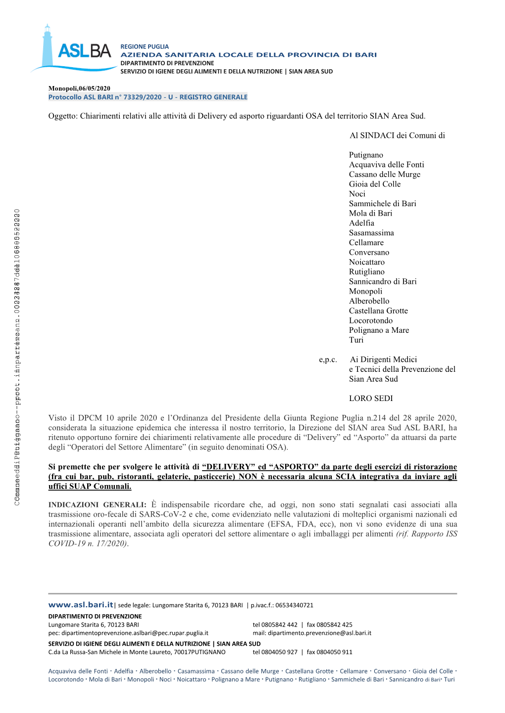 Chiarimenti Relativi Alle Attività Di Delivery Ed Asporto Riguardanti OSA Del Territorio SIAN Area Sud