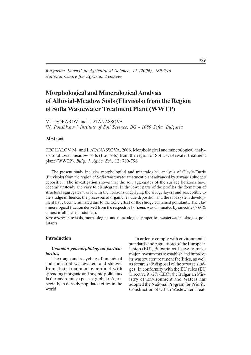 Morphological and Mineralogical Analysis of Alluvial-Meadow Soils (Fluvisols) from the Region of Sofia Wastewater Treatment Plant (WWTP)