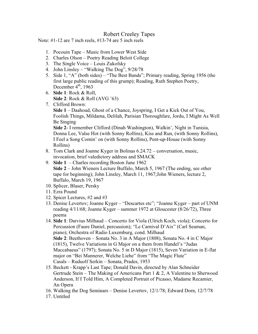 Robert Creeley Tapes Note: #1-12 Are 7 Inch Reels, #13-74 Are 5 Inch Reels