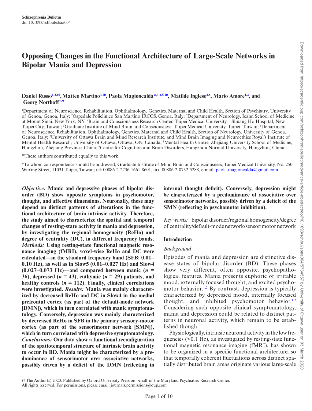 Opposing Changes in the Functional Architecture of Large-Scale Networks in Bipolar Mania and Depression