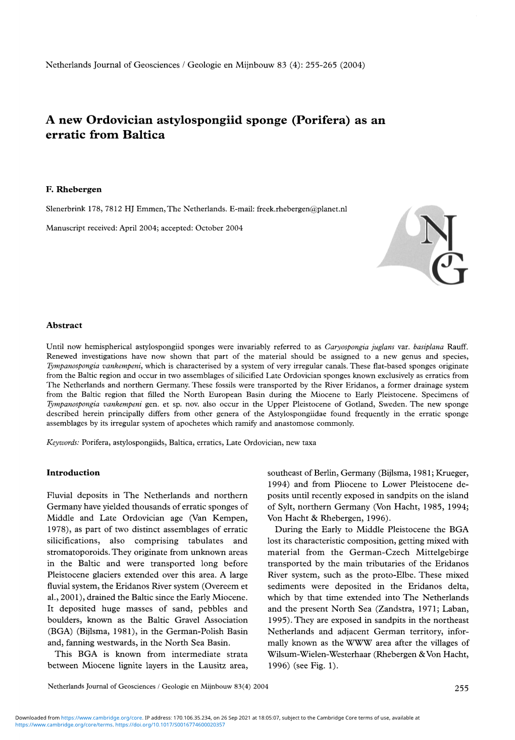 A New Ordovician Astylospongiid Sponge (Porifera) As an Erratic from Baltica