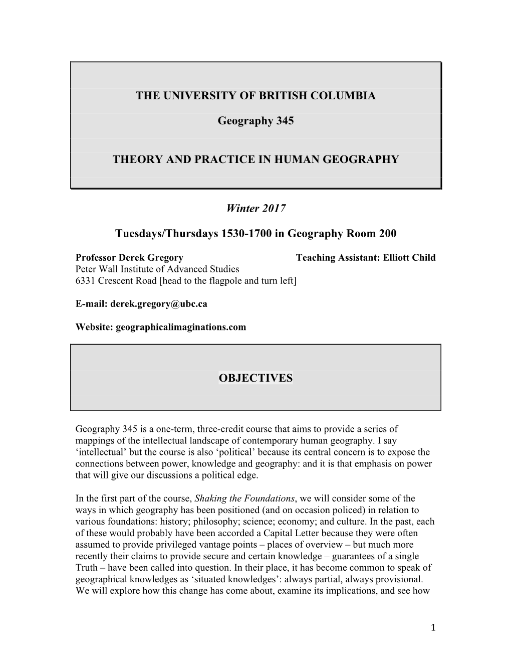 THE UNIVERSITY of BRITISH COLUMBIA Geography 345