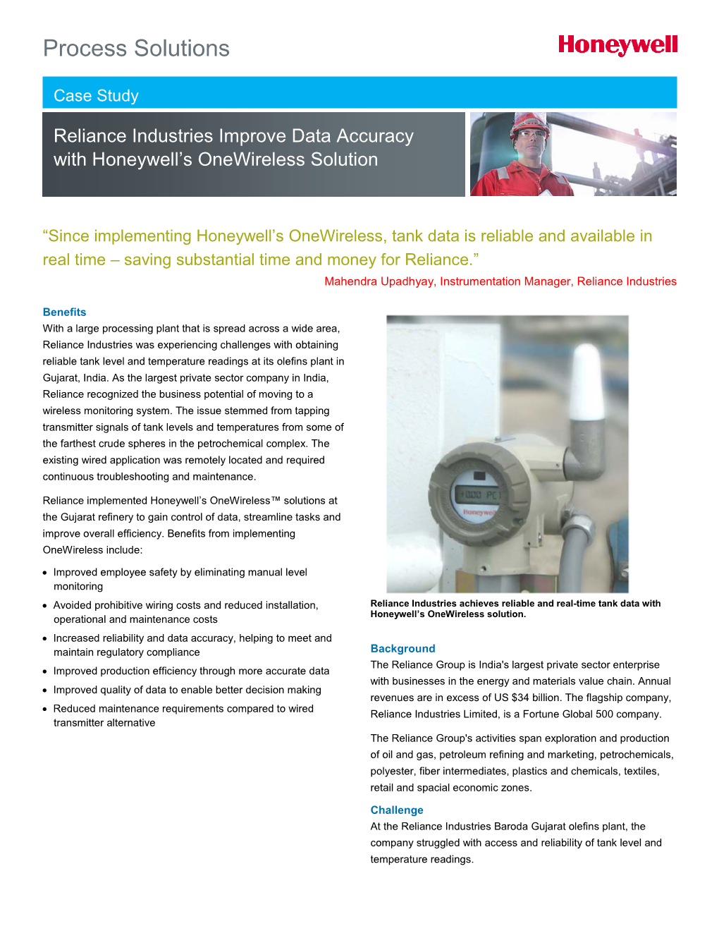 Reliance Industries Improve Data Accuracy with Honeywell’S Onewireless Solution