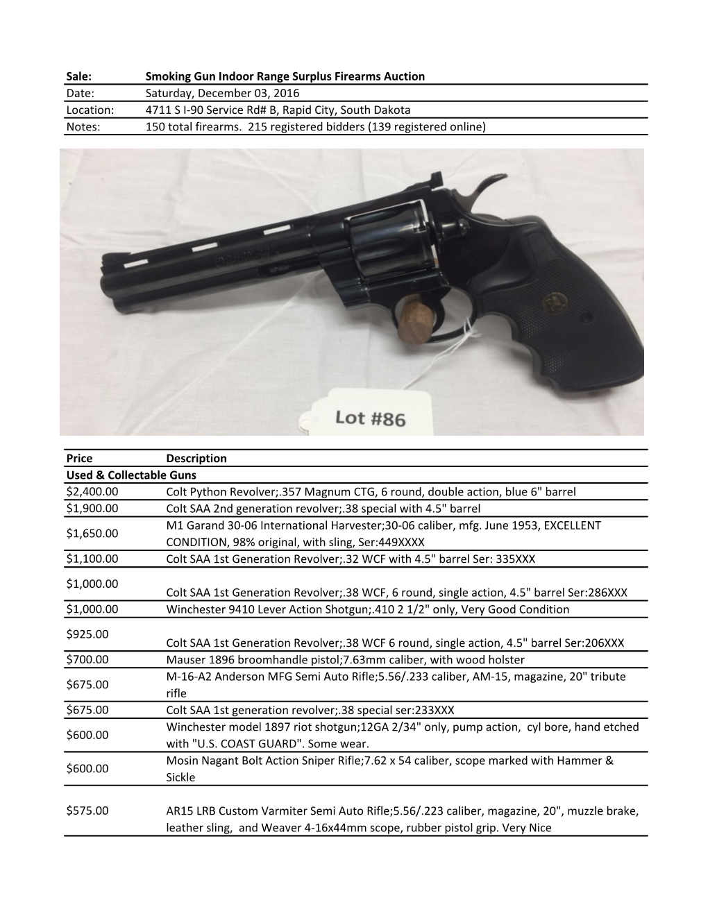 Price Description Colt Python Revolver