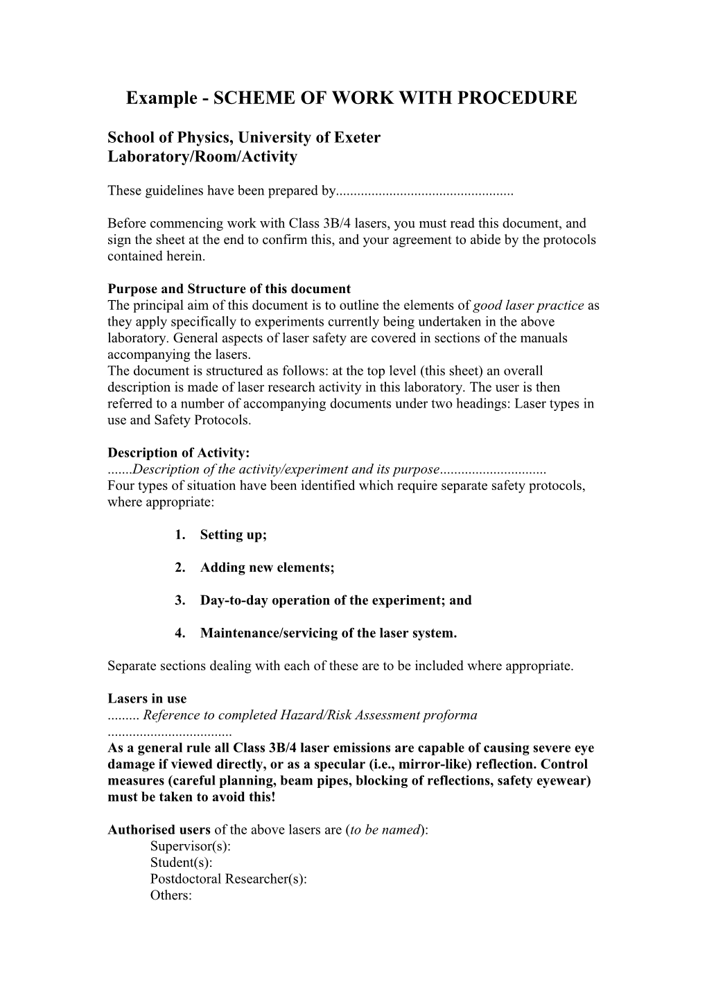 Example - SCHEME of WORK with PROCEDURE