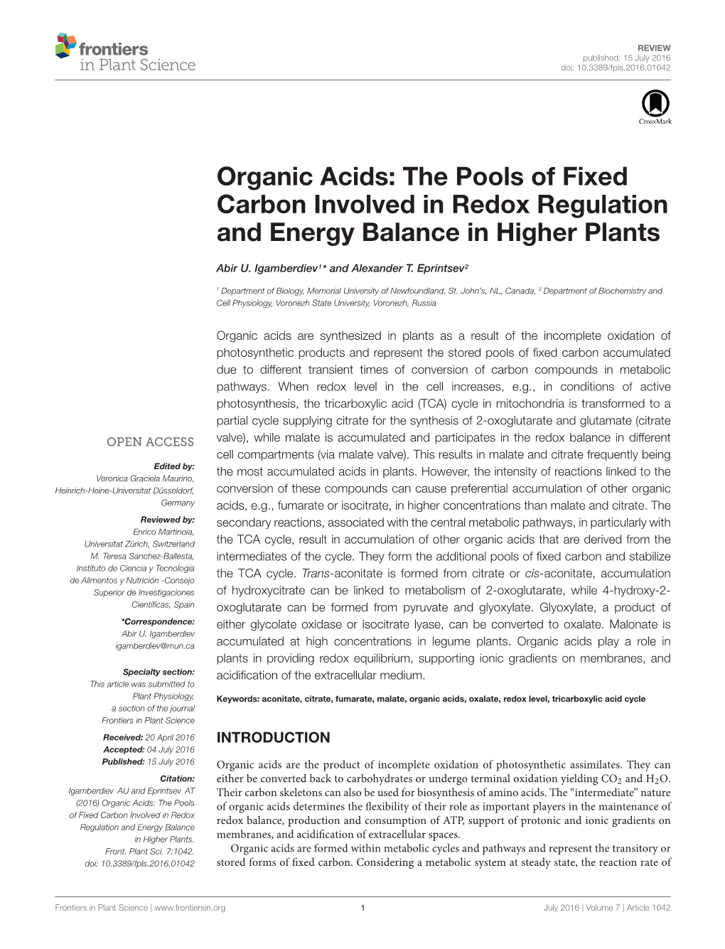 Organic Acids: the Pools of Fixed Carbon Involved in Redox Regulation and Energy Balance in Higher Plants