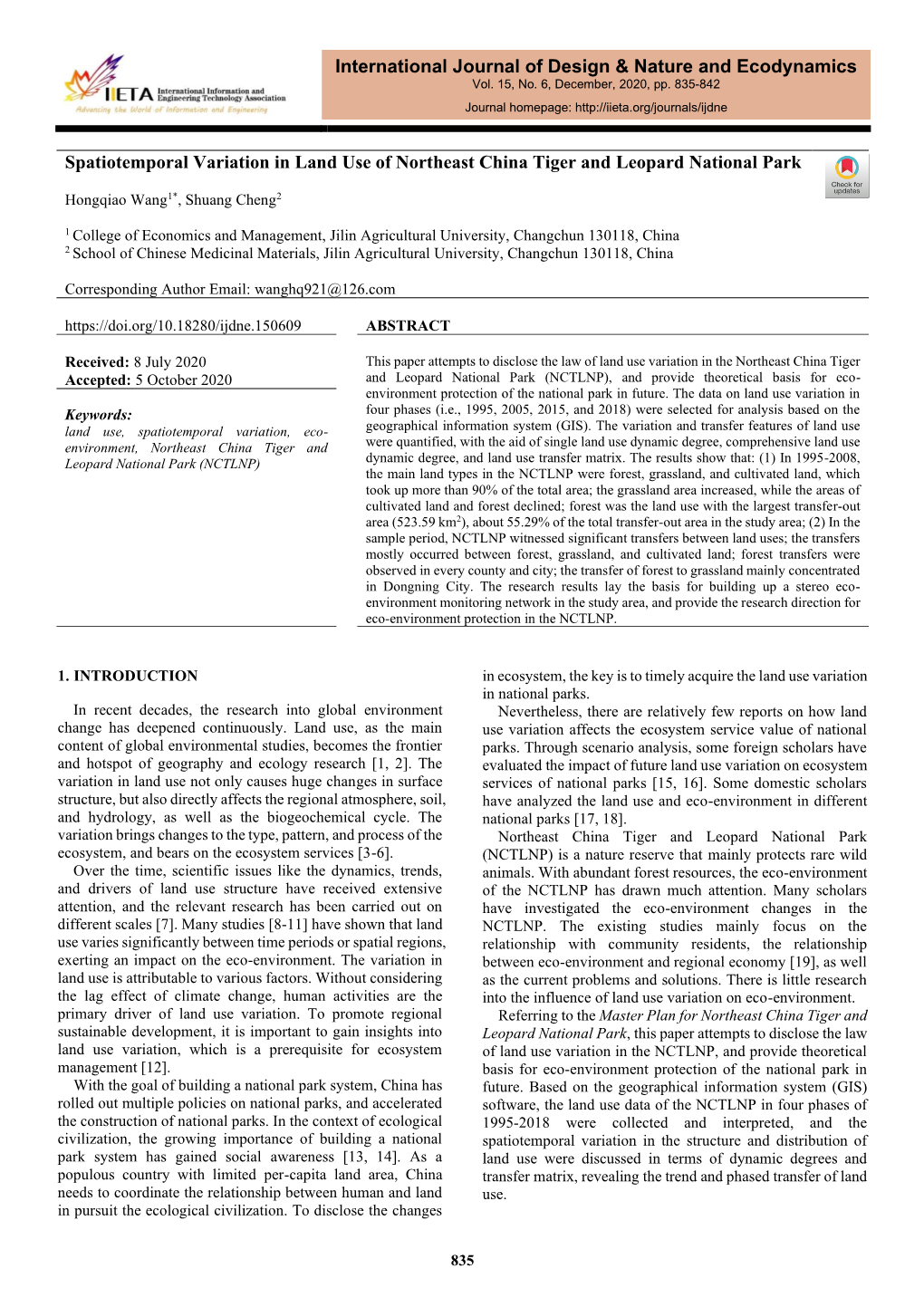 Spatiotemporal Variation in Land Use of Northeast China Tiger and Leopard National Park