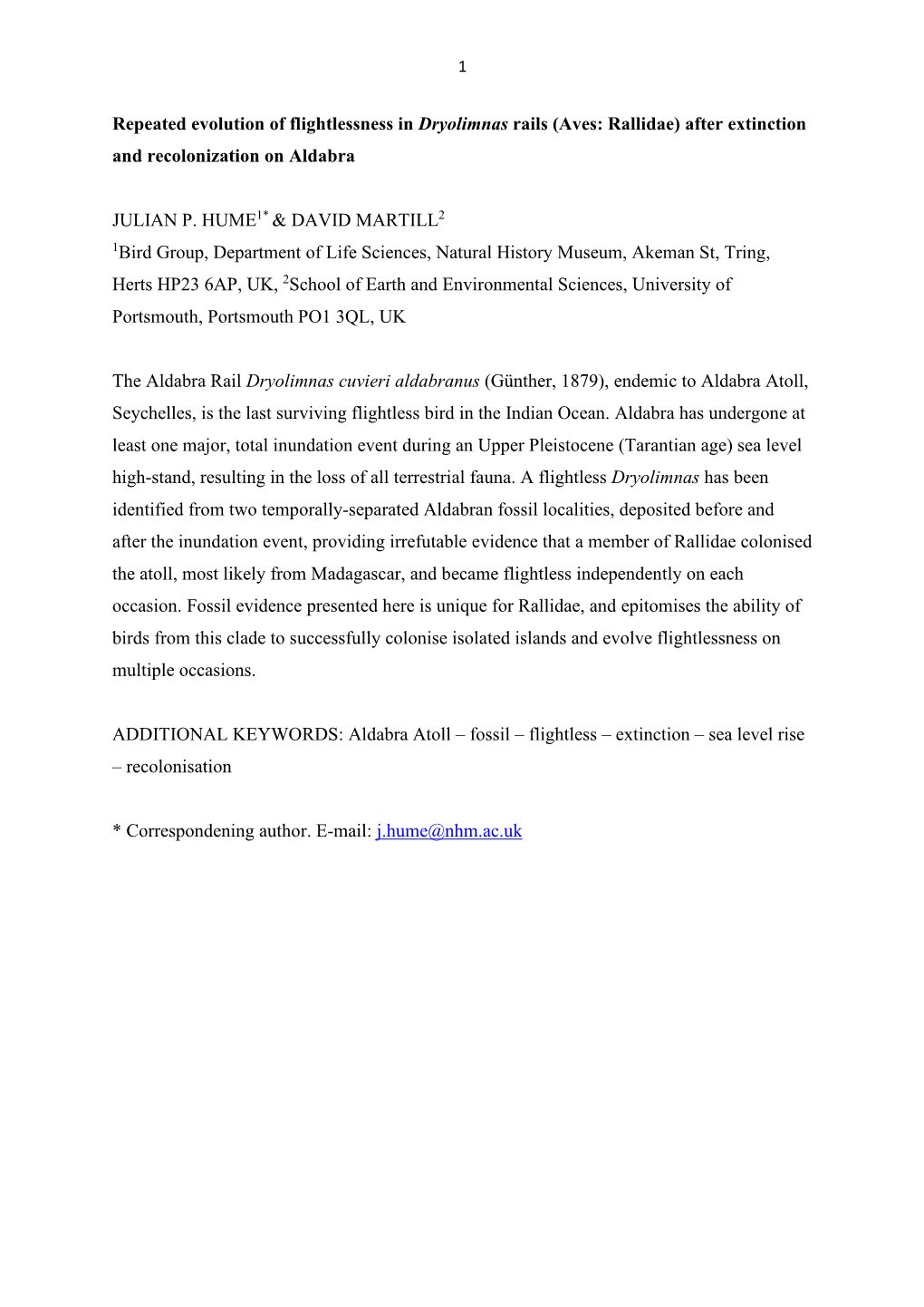 Repeated Evolution of Flightlessness in Dryolimnas Rails (Aves: Rallidae) After Extinction and Recolonization on Aldabra