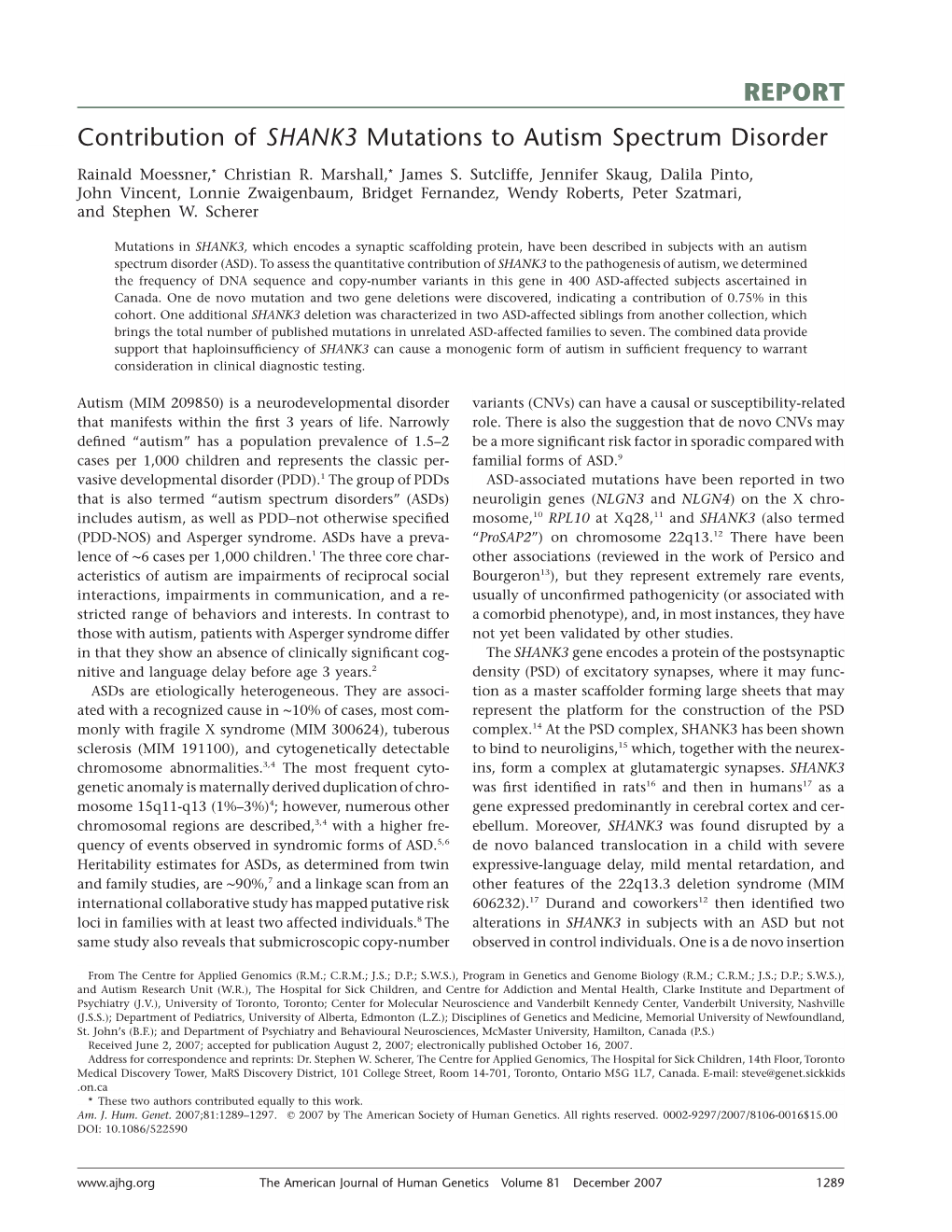 Contribution of SHANK3 Mutations to Autism Spectrum Disorder