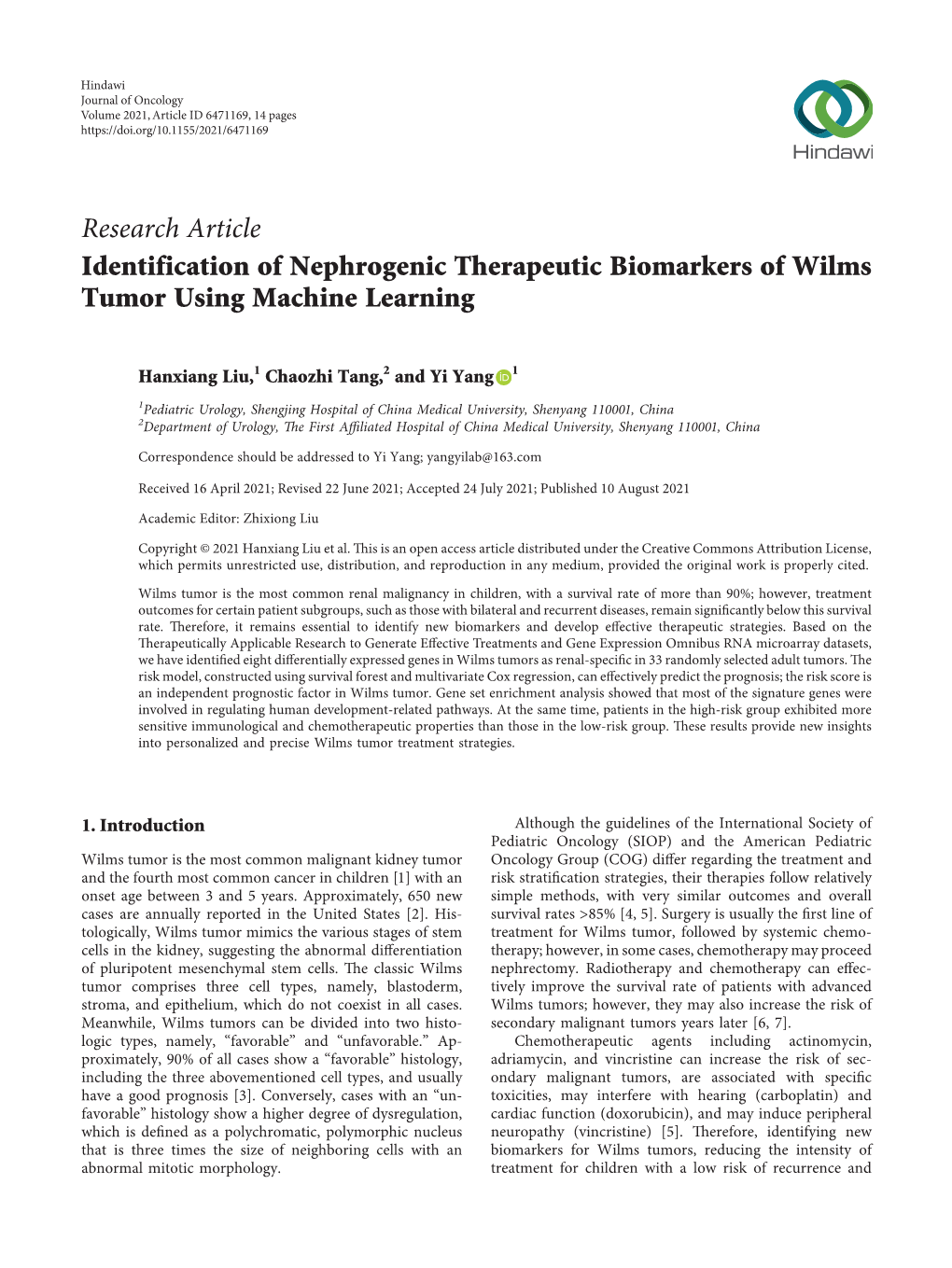Identification of Nephrogenic Therapeutic Biomarkers of Wilms Tumor Using Machine Learning