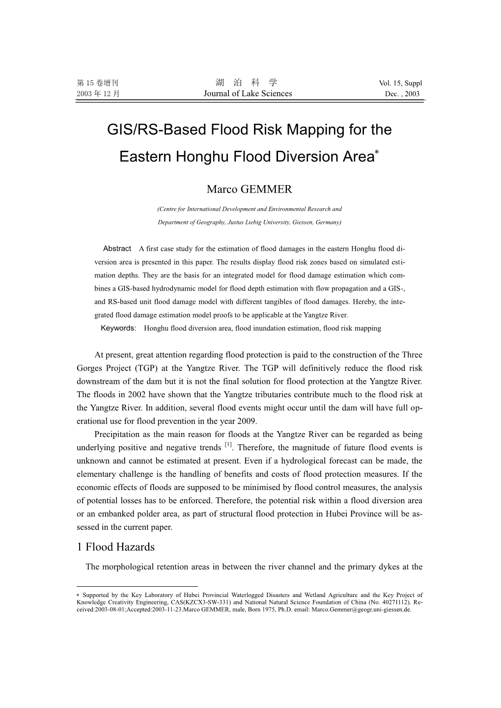 GIS/RS-Based Flood Risk Mapping for the Eastern Honghu Flood Diversion Area