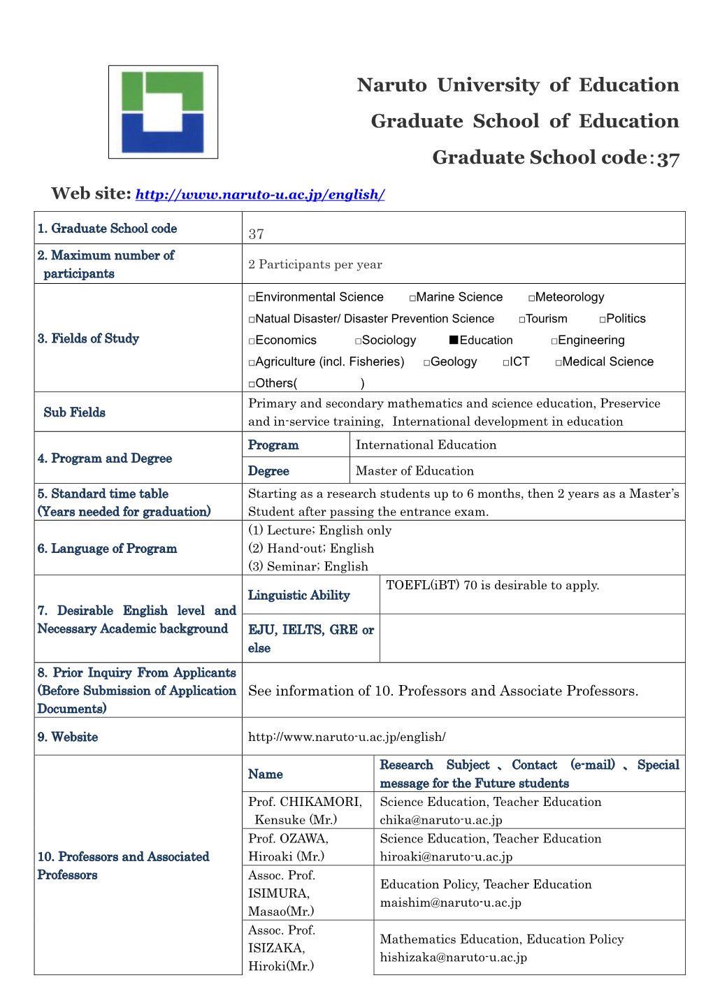 Naruto University of Education Graduate School of Education Graduate School Code：37