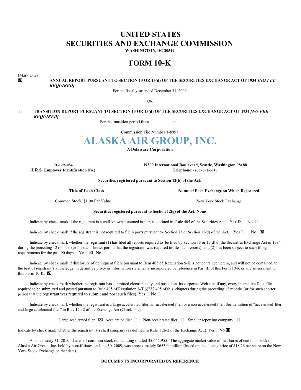 ALASKA AIR GROUP, INC. a Delaware Corporation