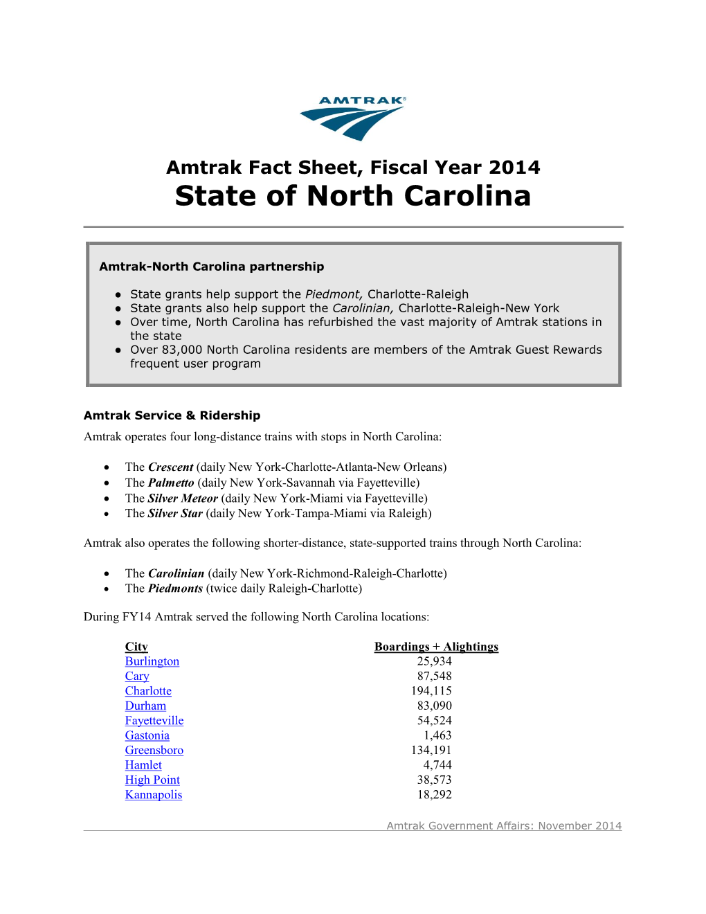 Amtrak Fact Sheet, Fiscal Year 2014: State of North Carolina