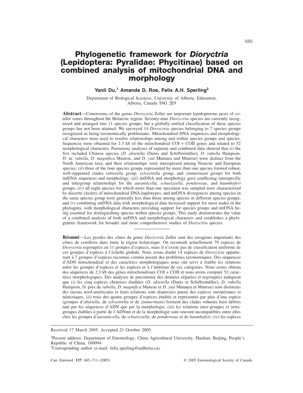 Phylogenetic Framework for Dioryctria (Lepidoptera: Pyralidae: Phycitinae) Based on Combined Analysis of Mitochondrial DNA and Morphology