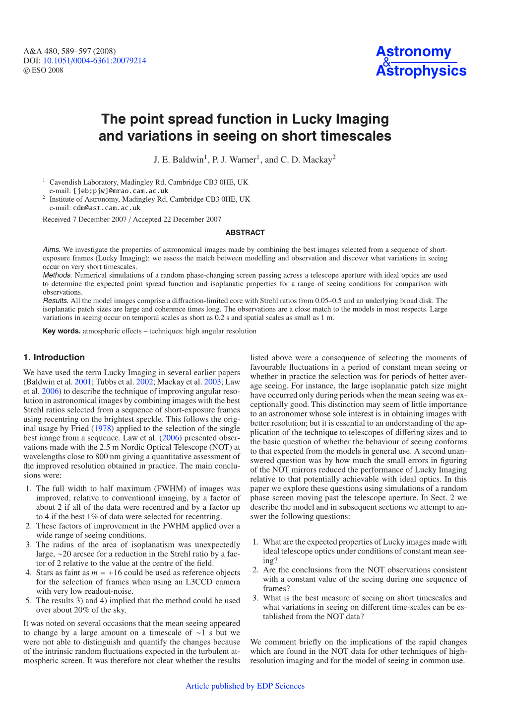 The Point Spread Function in Lucky Imaging and Variations in Seeing on Short Timescales