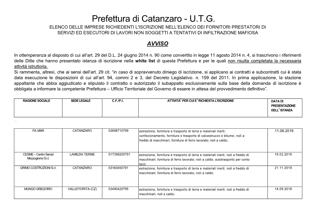 Prefettura Di Catanzaro - U.T.G