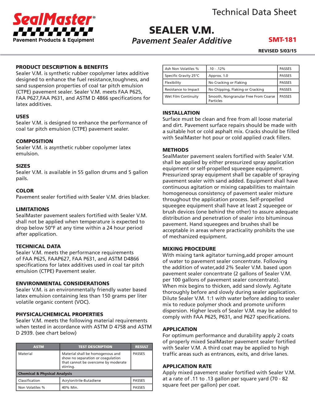 SEALER V.M. Pavement Sealer Additive SMT-181 REVISED 5/03/15