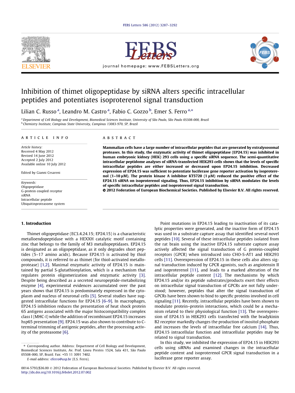 Inhibition of Thimet Oligopeptidase by Sirna Alters Specific