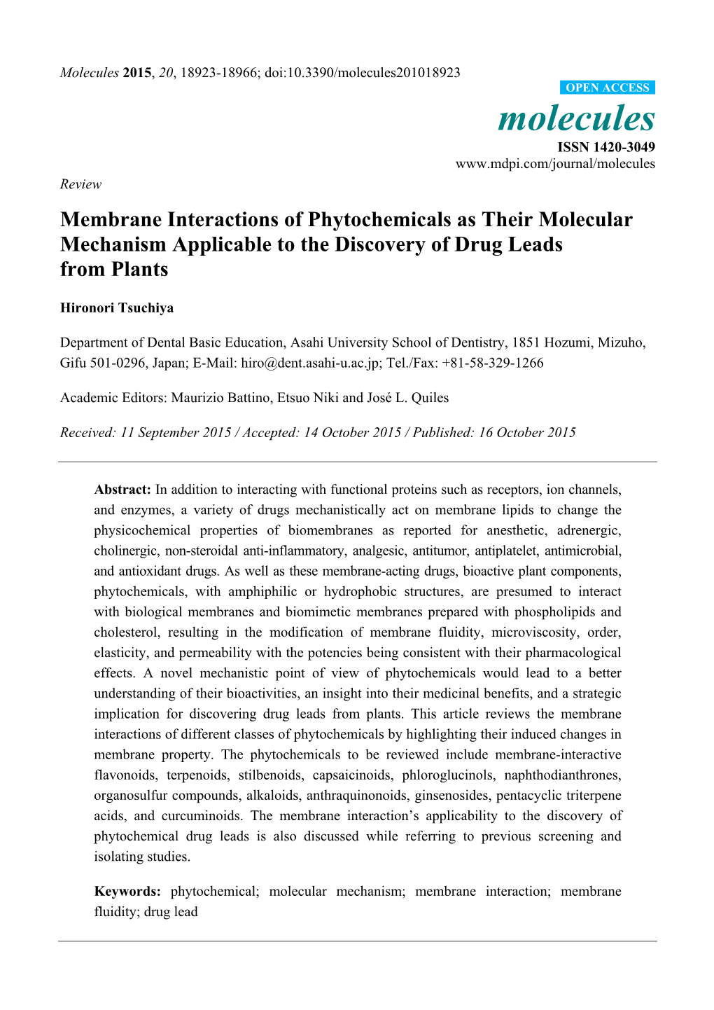 Membrane Interactions of Phytochemicals As Their Molecular Mechanism Applicable to the Discovery of Drug Leads from Plants