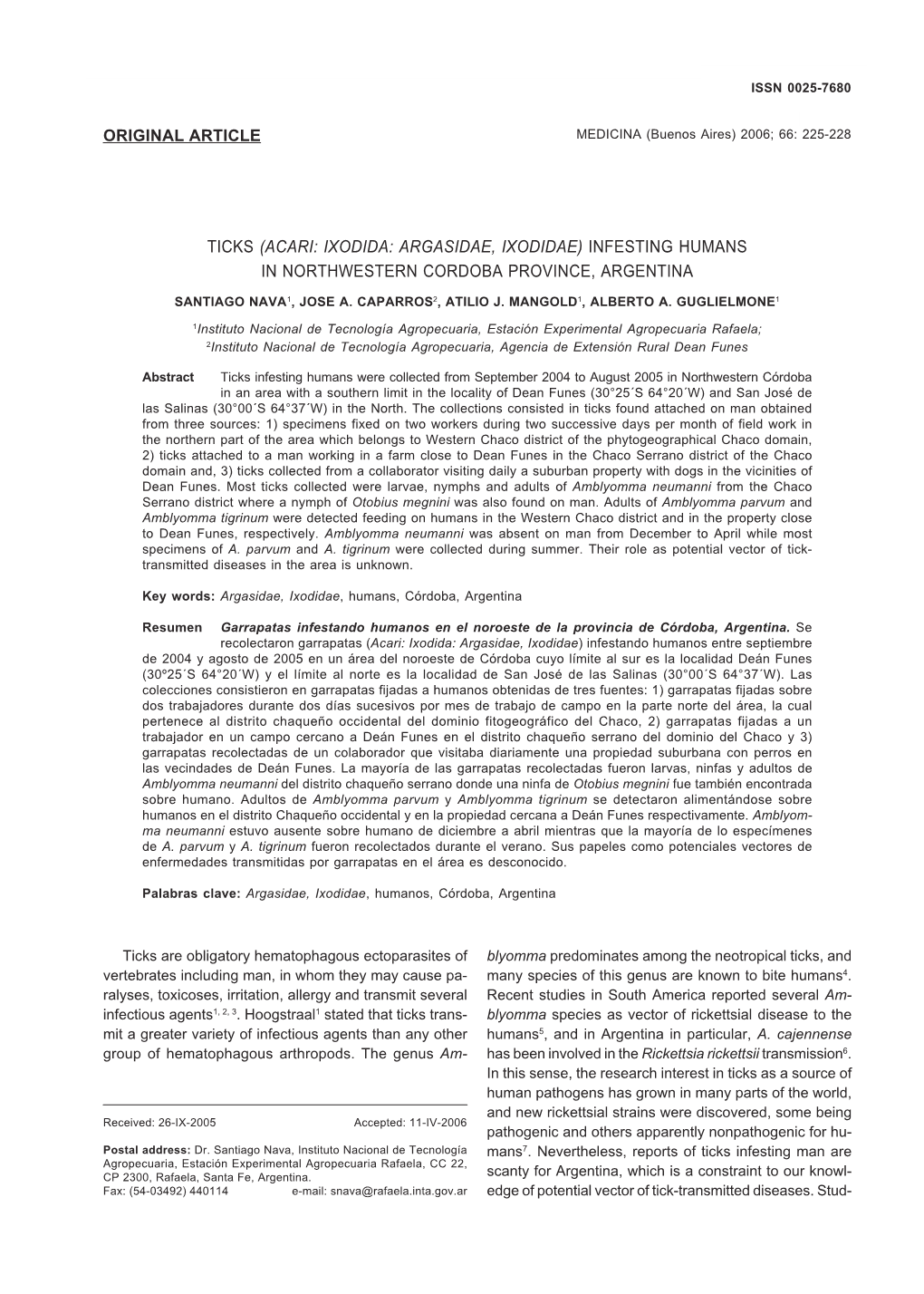 Acari: Ixodida: Argasidae, Ixodidae) Infesting Humans in Northwestern Cordoba Province, Argentina