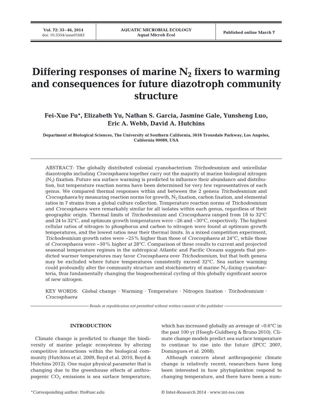 Differing Responses of Marine N2 Fixers to Warming and Consequences for Future Diazotroph Community Structure