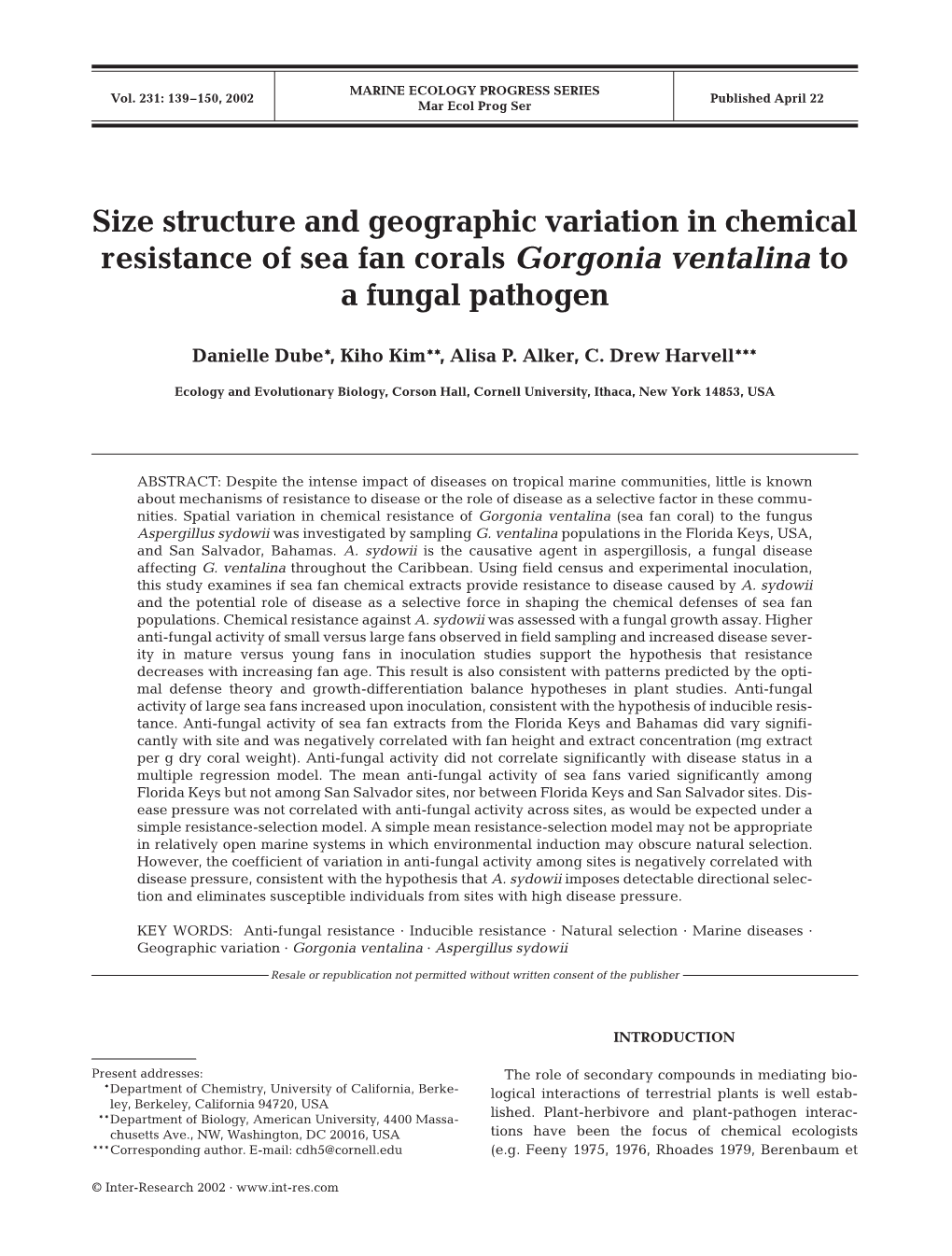 Size Structure and Geographic Variation in Chemical Resistance of Sea Fan Corals Gorgonia Ventalina to a Fungal Pathogen