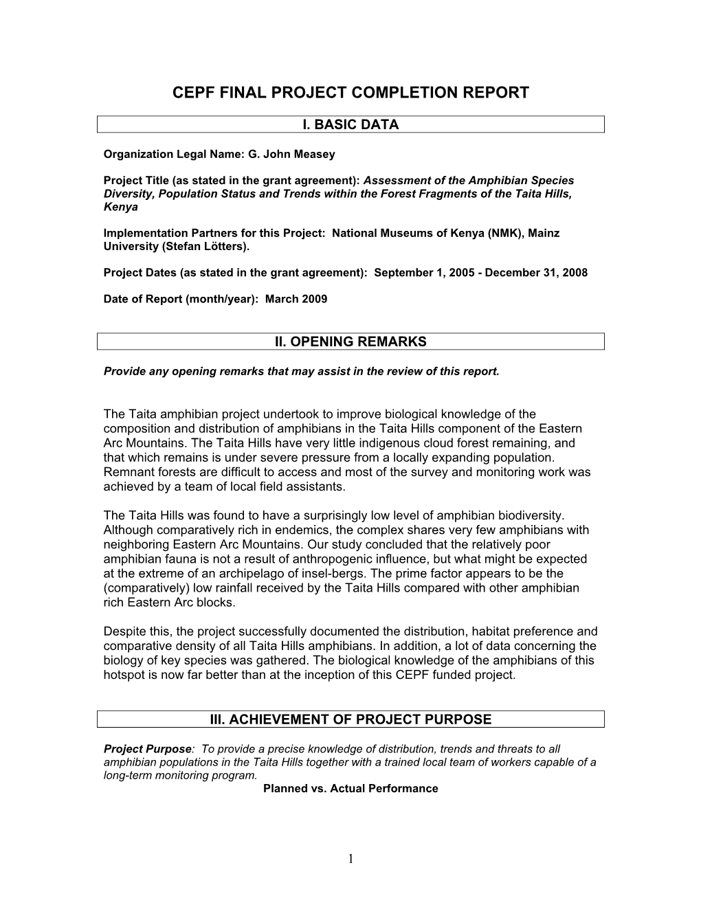 Assessment of the Amphibian Species Diversity, Population Status and Trends Within the Forest Fragments of the Taita Hills, Kenya