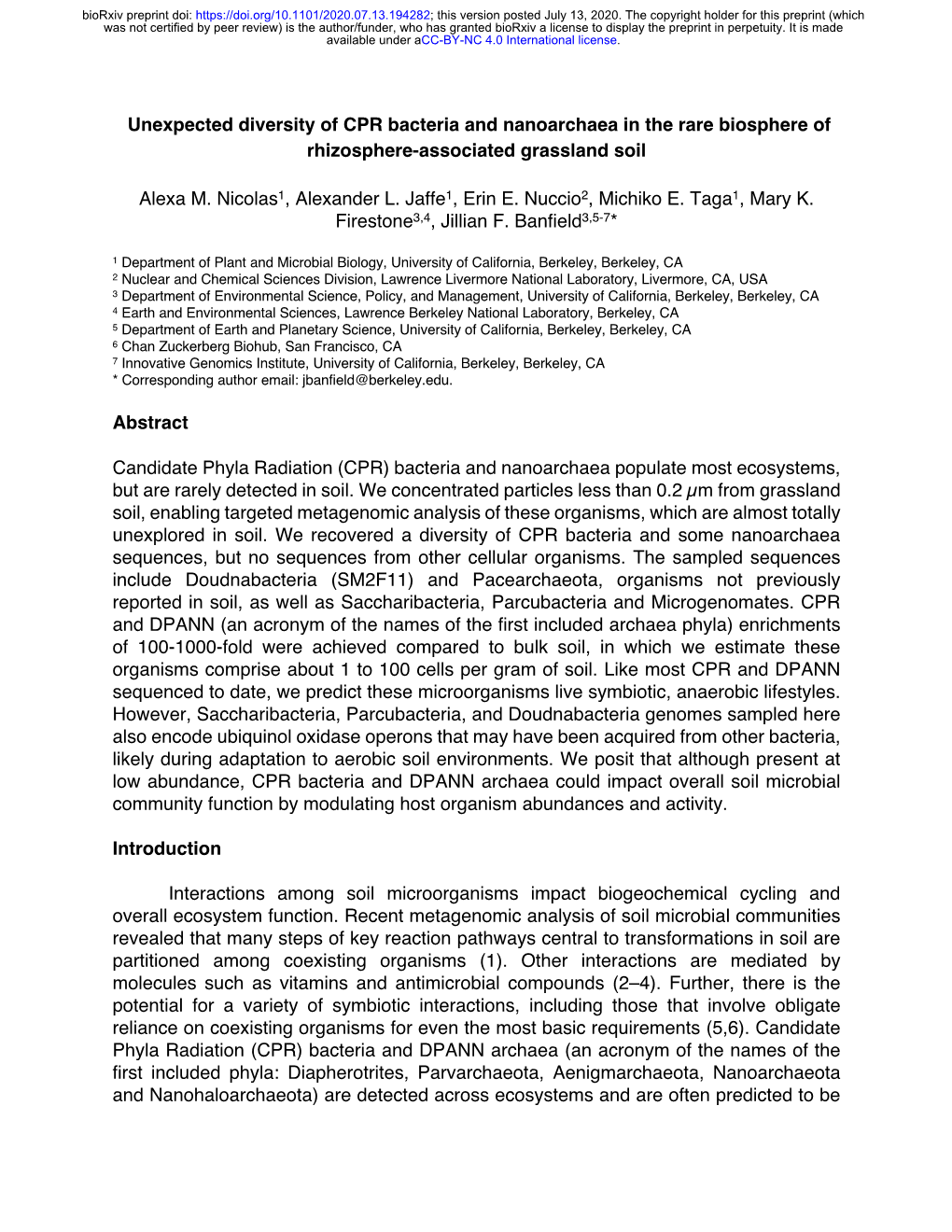 Unexpected Diversity of CPR Bacteria and Nanoarchaea in the Rare Biosphere of Rhizosphere-Associated Grassland Soil