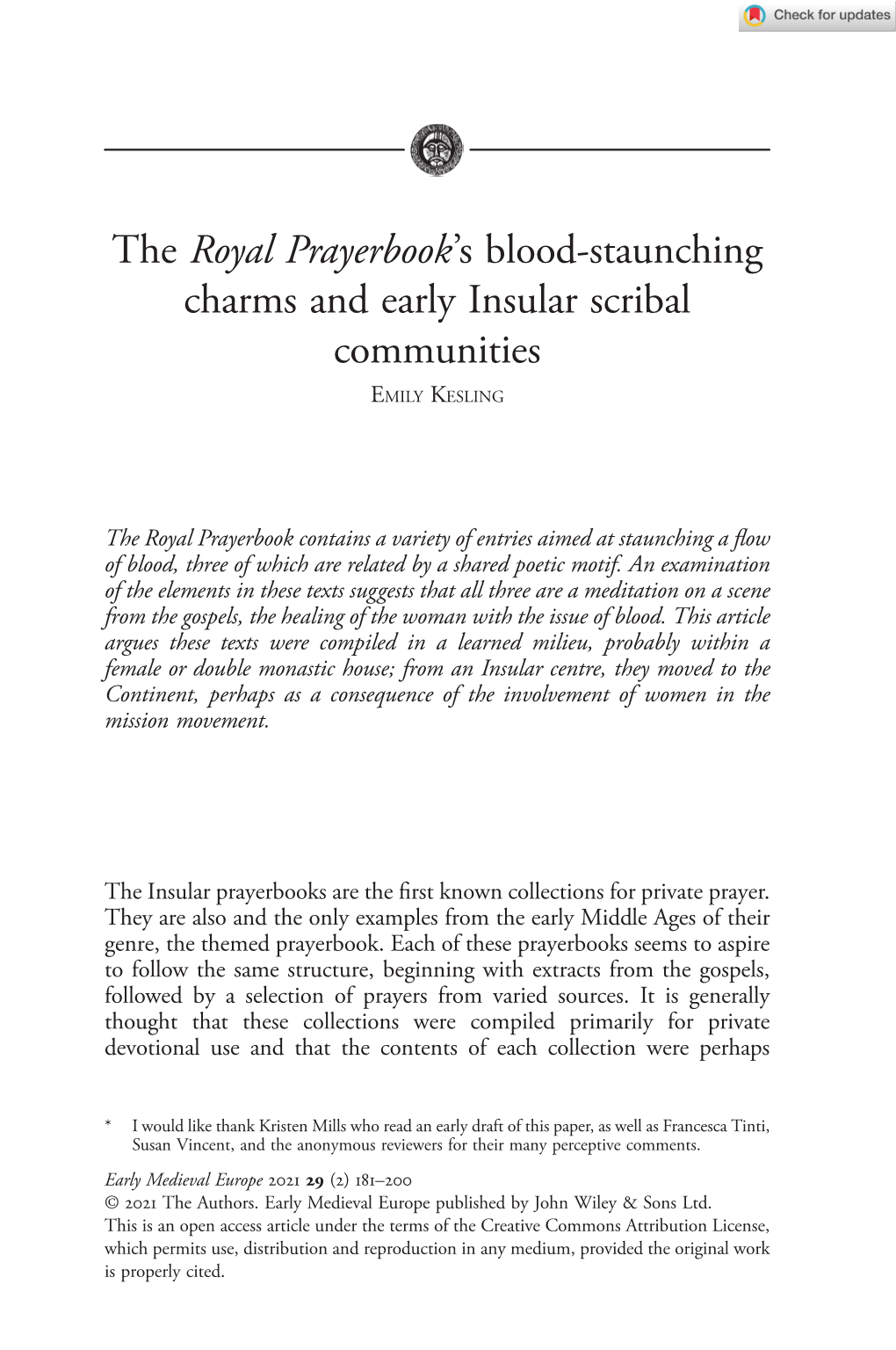 The Royal Prayerbook's Blood‐Staunching Charms and Early Insular Scribal Communities