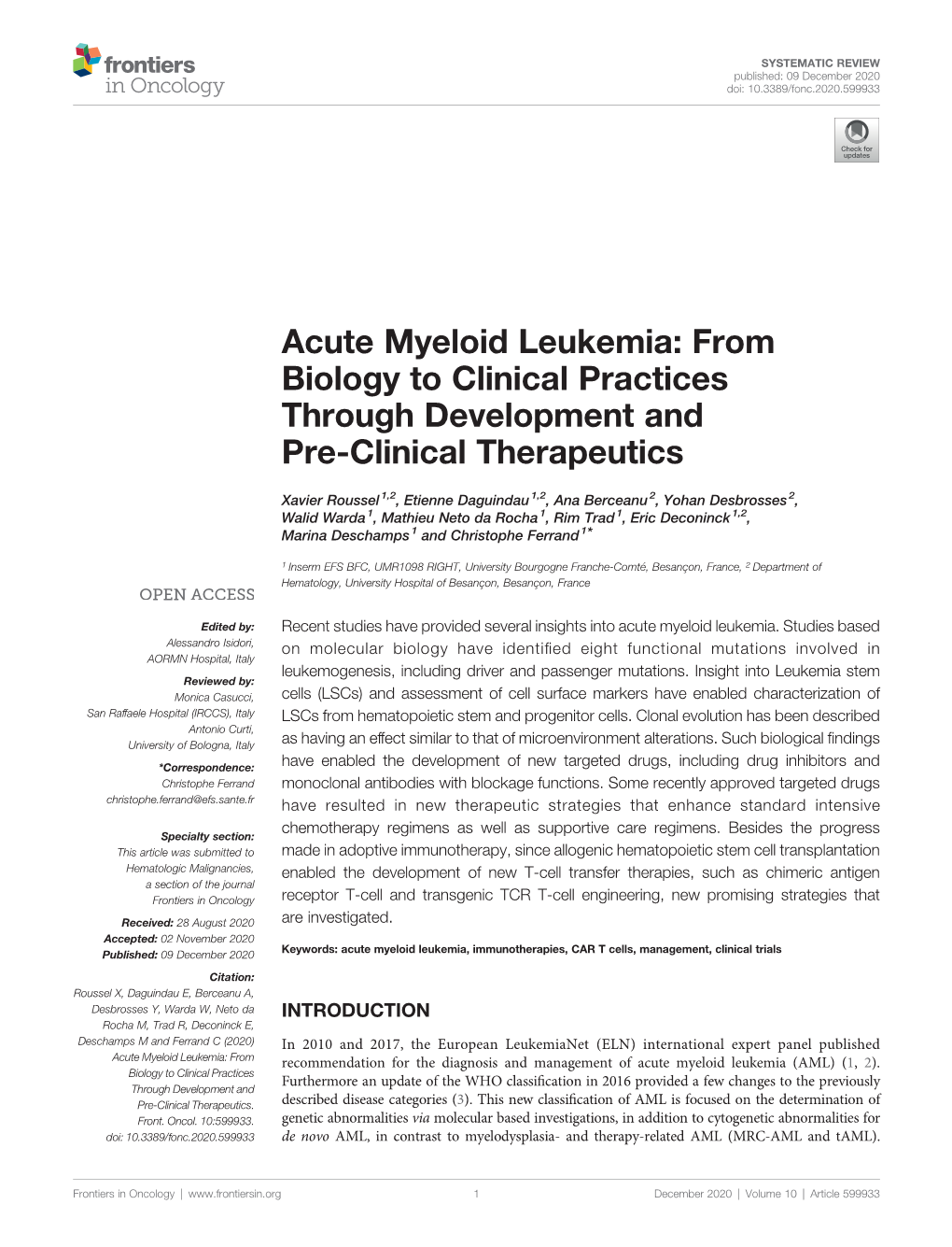 Acute Myeloid Leukemia: from Biology to Clinical Practices Through Development and Pre-Clinical Therapeutics