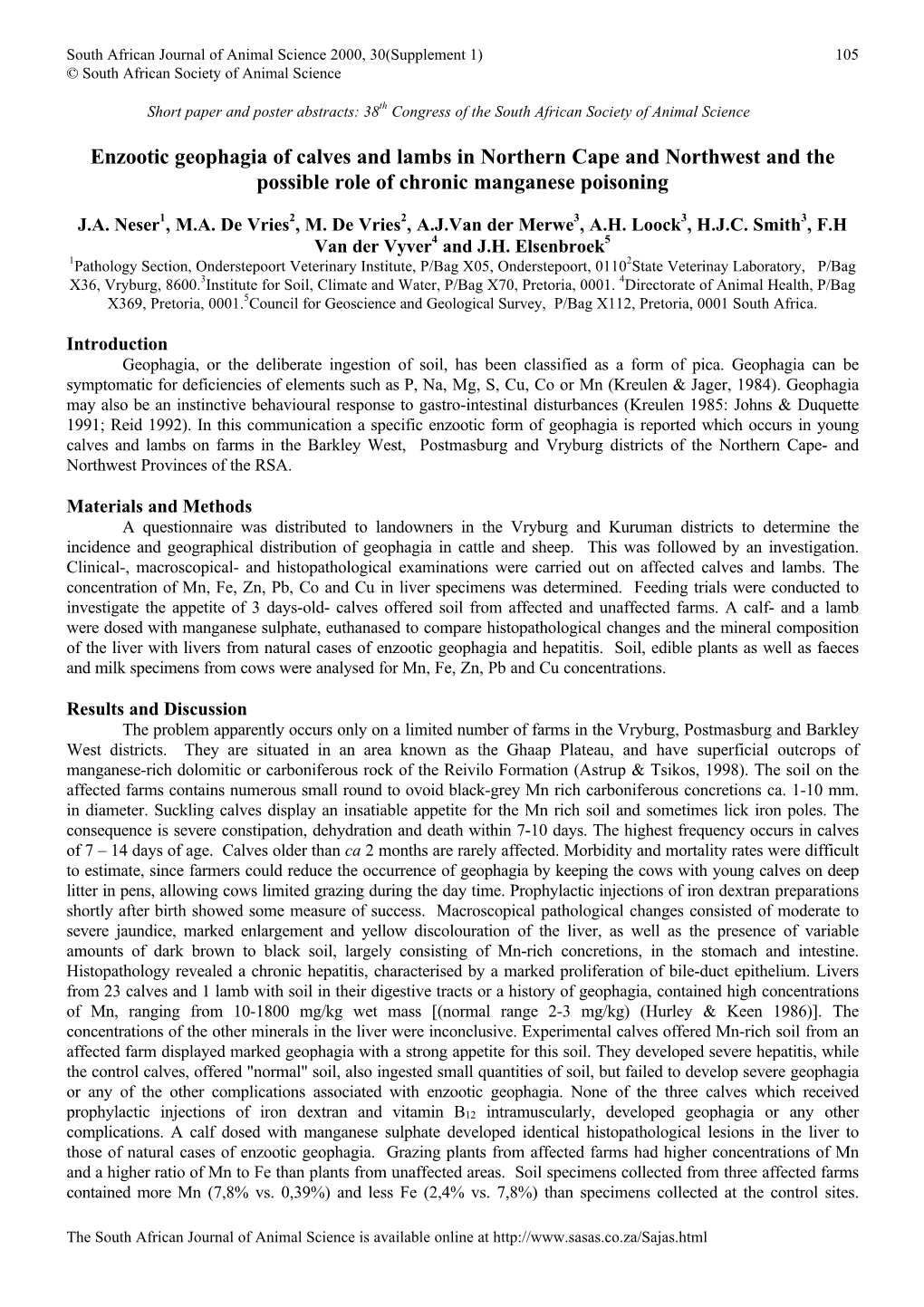 Enzootic Geophagia of Calves and Lambs in Northern Cape and Northwest and the Possible Role of Chronic Manganese Poisoning