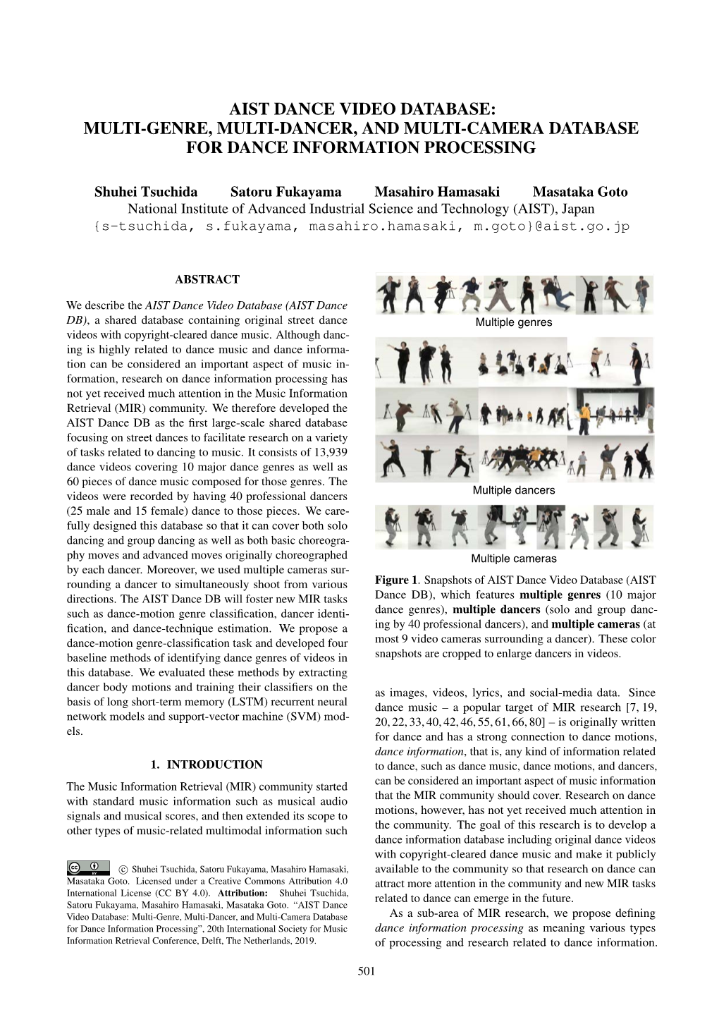 Aist Dance Video Database: Multi-Genre, Multi-Dancer, and Multi-Camera Database for Dance Information Processing