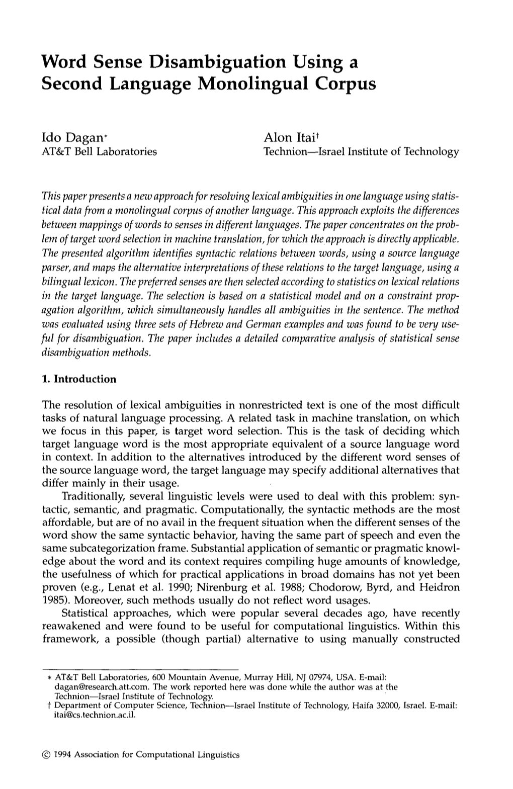 Word Sense Disambiguation Using a Second Language Monolingual Corpus