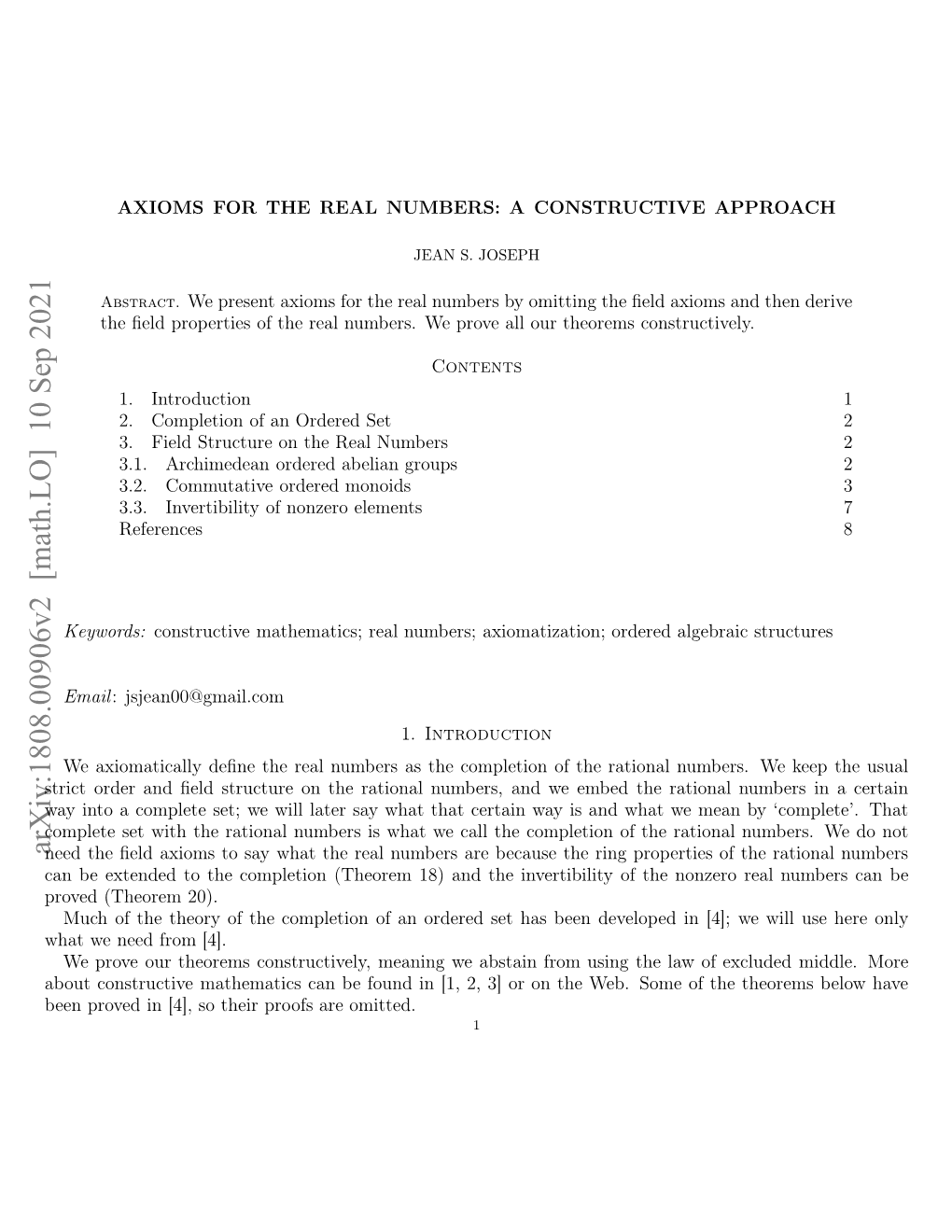 Axioms for the Real Numbers: a Constructive Approach 2 2