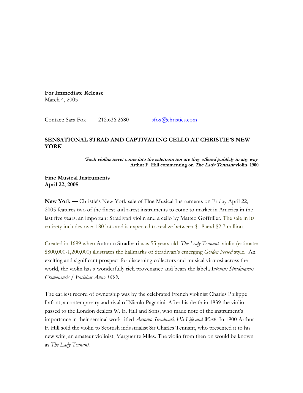 For Immediate Release March 4, 2005 Contact: Sara Fox 212.636.2680