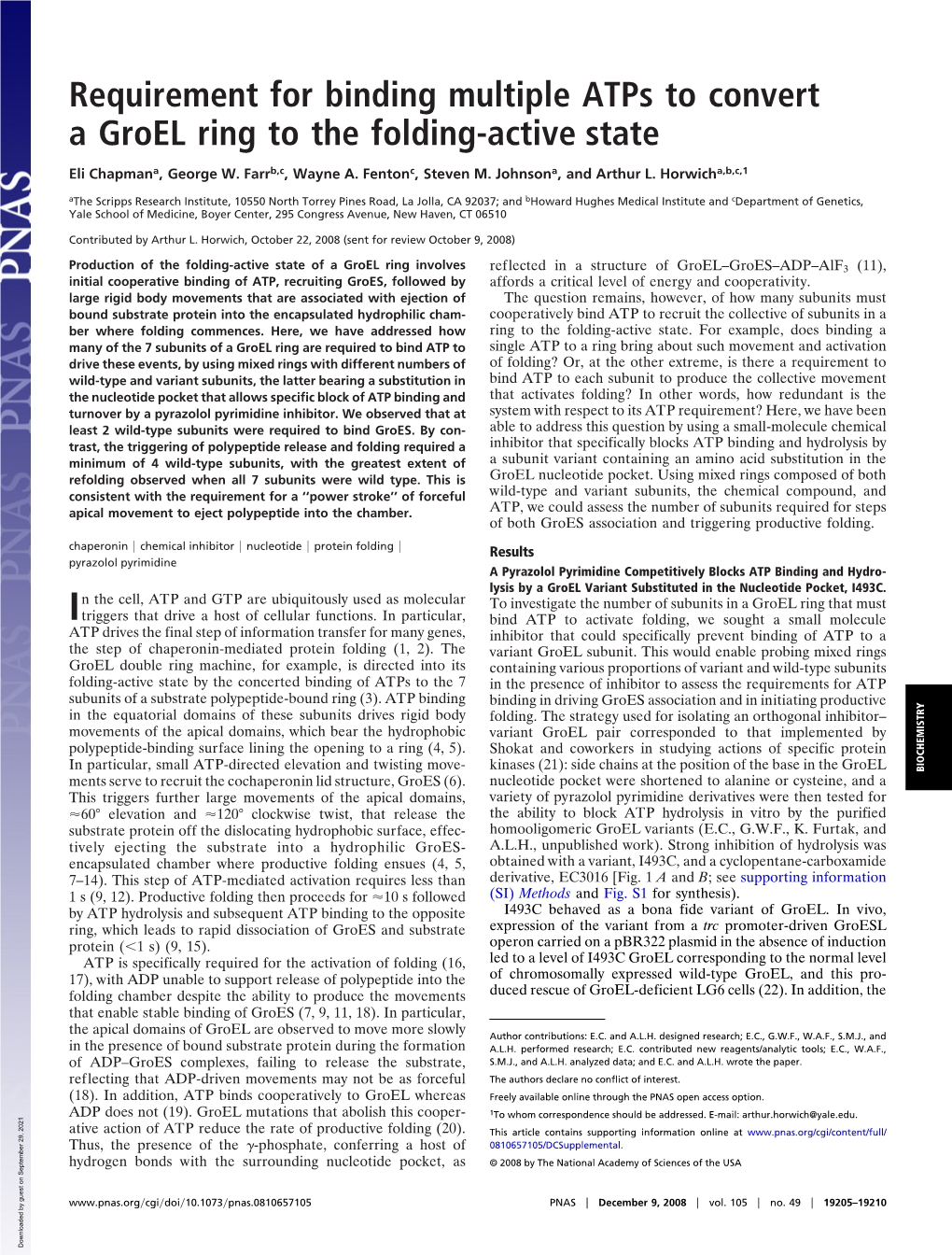 Requirement for Binding Multiple Atps to Convert a Groel Ring to the Folding-Active State