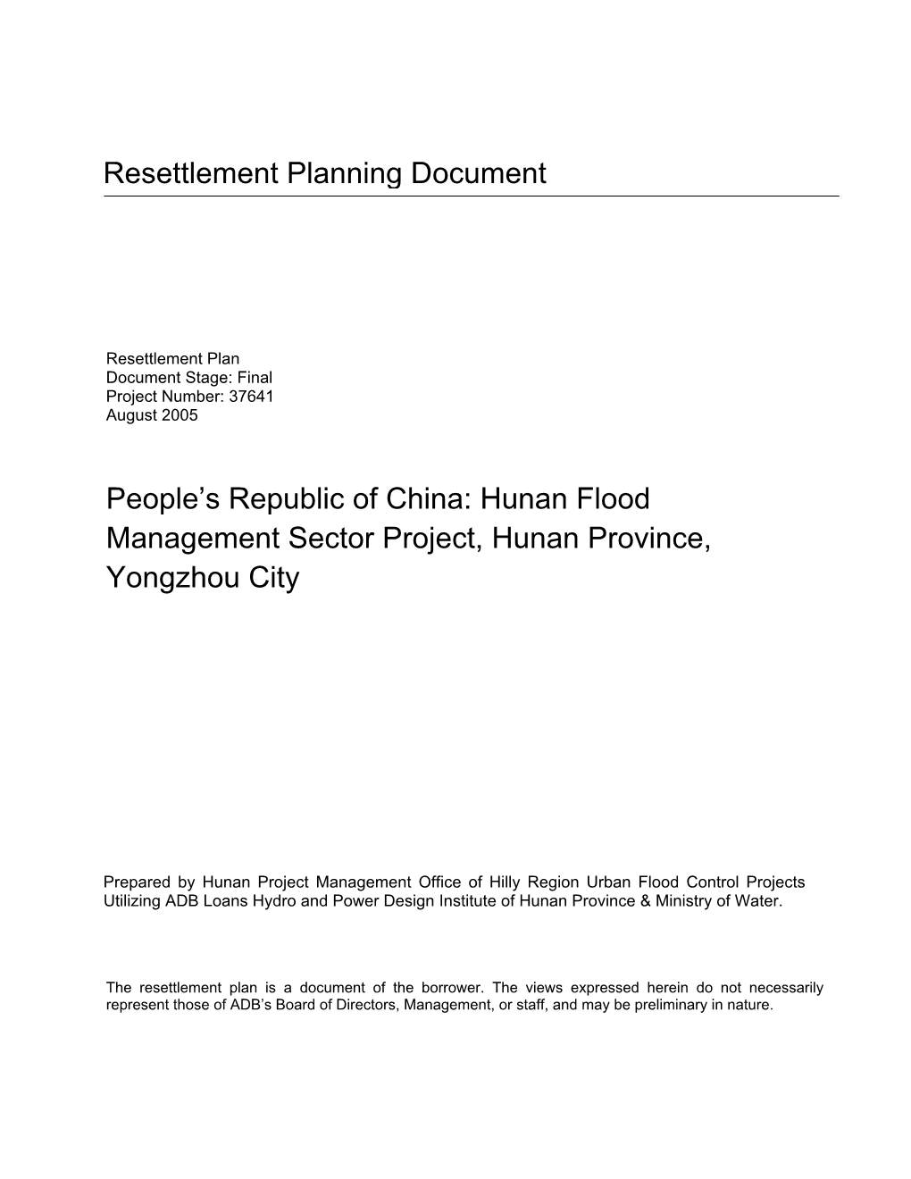 Hunan Flood Management Sector Project, Hunan Province, Yongzhou City