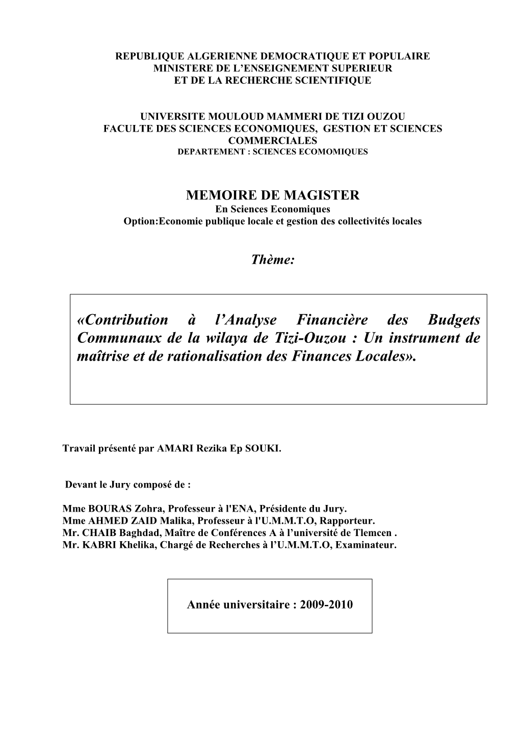«Contribution À L'analyse Financière Des Budgets Communaux De La